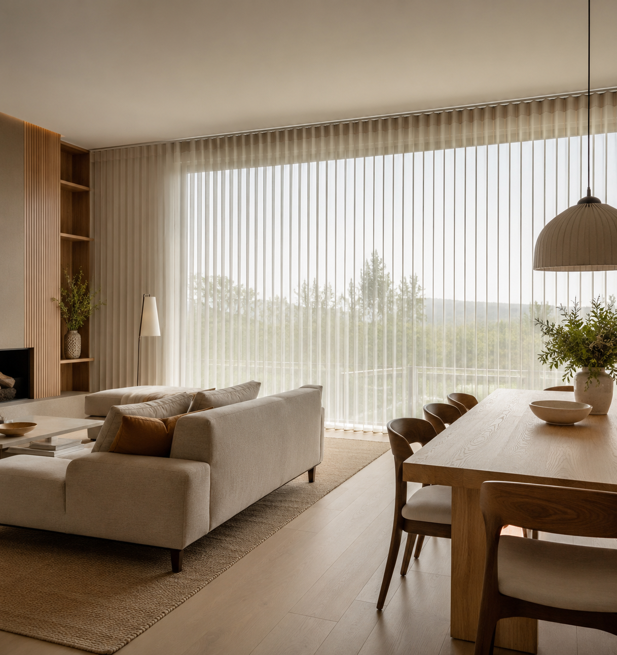 Interior decorado con cortinas y persianas